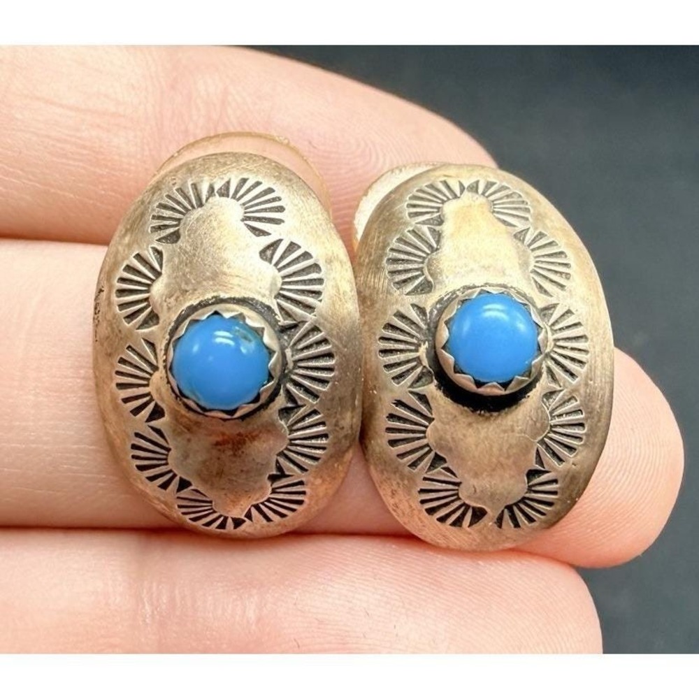 Chama Sterling Silver Turquoise Stud Earrings Vintage Navajo Style Stamped Oval